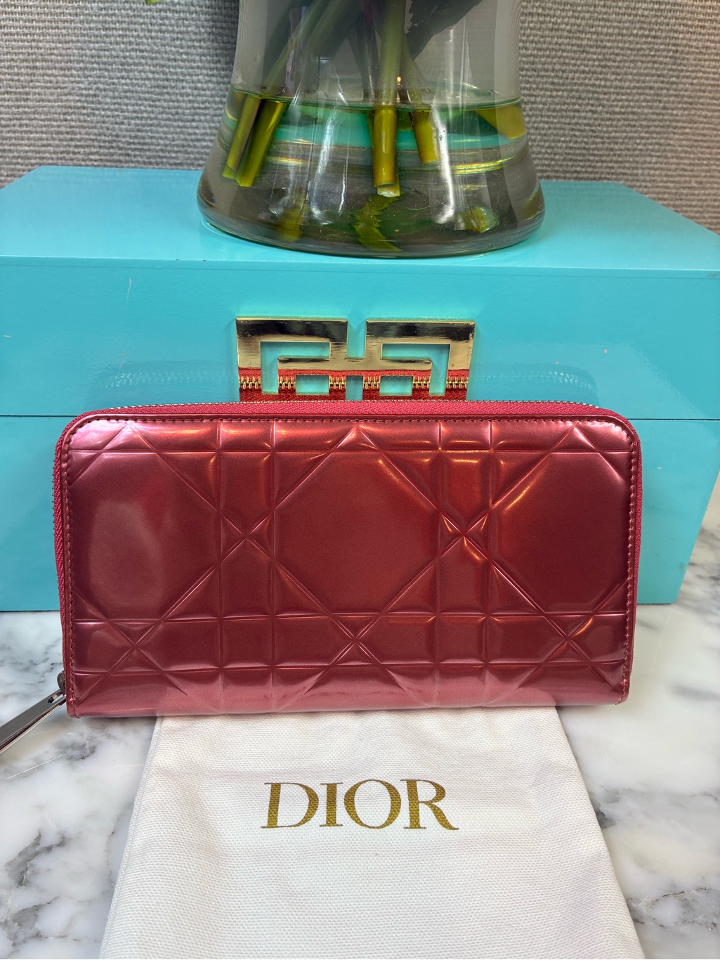 Christian Dior Lady Dior Dark Pink Patent Leather Zip Around Cannage Wallet